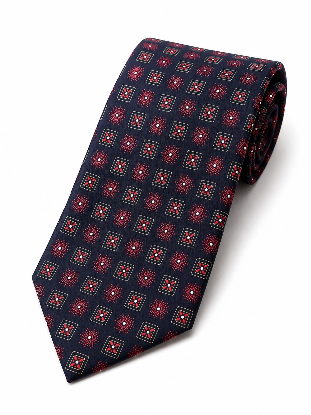 Brioni Men’s 100% Silk Tie Navy Blue Red Gold Geometric Medallion Made Italy